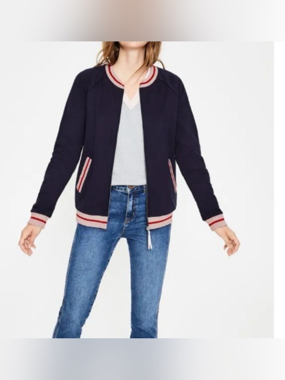 Boden Whitstable Jersey Navy Bomber Jacket Pink Glitter Striped Pockets US 8